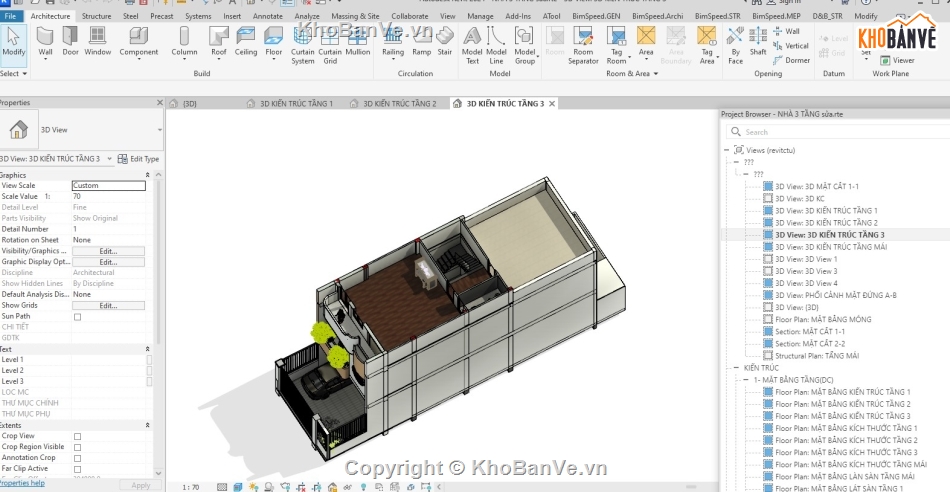 3 tầng,nhà đẹp,revit,Nhà phố 3 tầng đầy đủ công năng,biệt thự