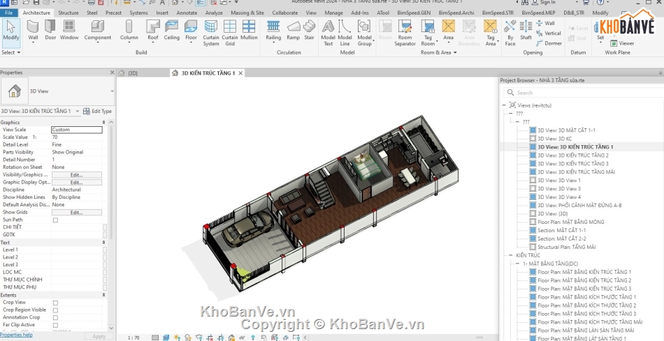 3 tầng,nhà đẹp,revit,Nhà phố 3 tầng đầy đủ công năng,biệt thự