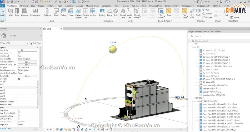 3 tầng,nhà đẹp,revit,Nhà phố 3 tầng đầy đủ công năng,biệt thự