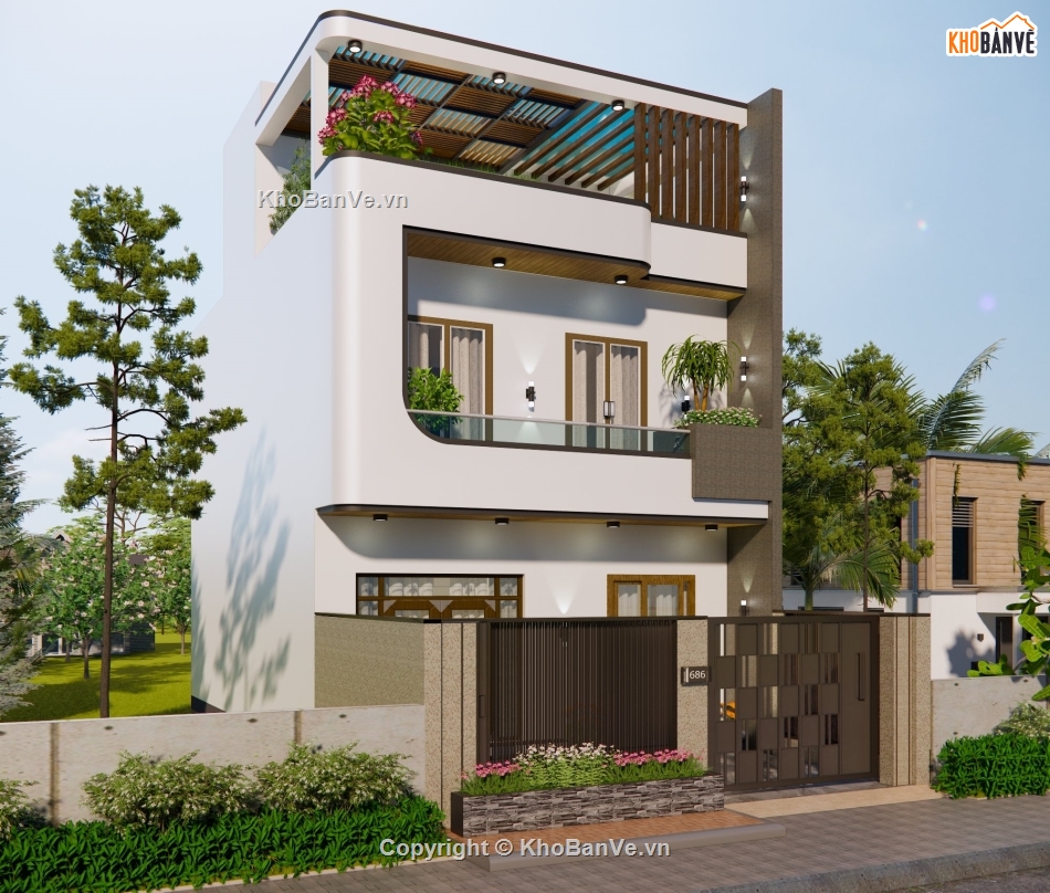 Sketchup,2 tầng 1 tum,nhà hiện đại,Bản vẽ,nhà phố
