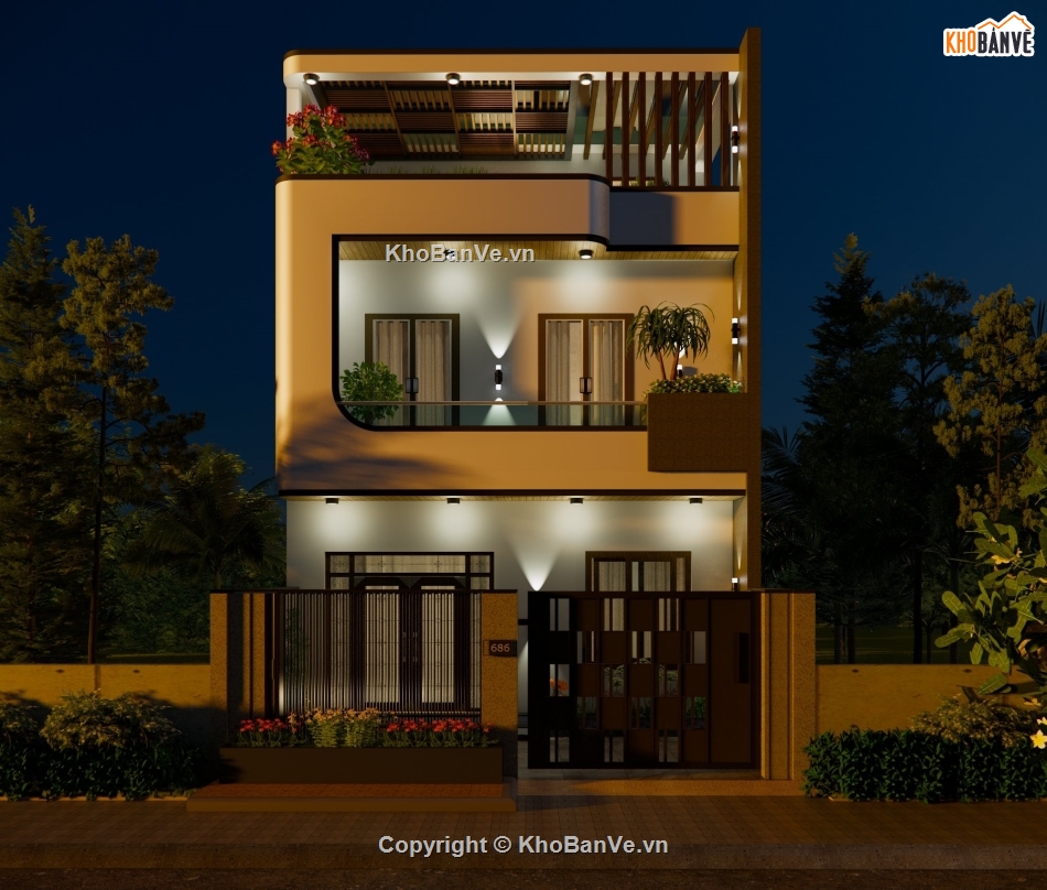 Sketchup,2 tầng 1 tum,nhà hiện đại,Bản vẽ,nhà phố