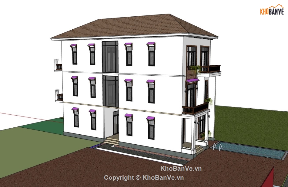 biệt thự 3 tầng,sketchup biệt thự,phối cảnh biệt thự,biệt thự hiện đại