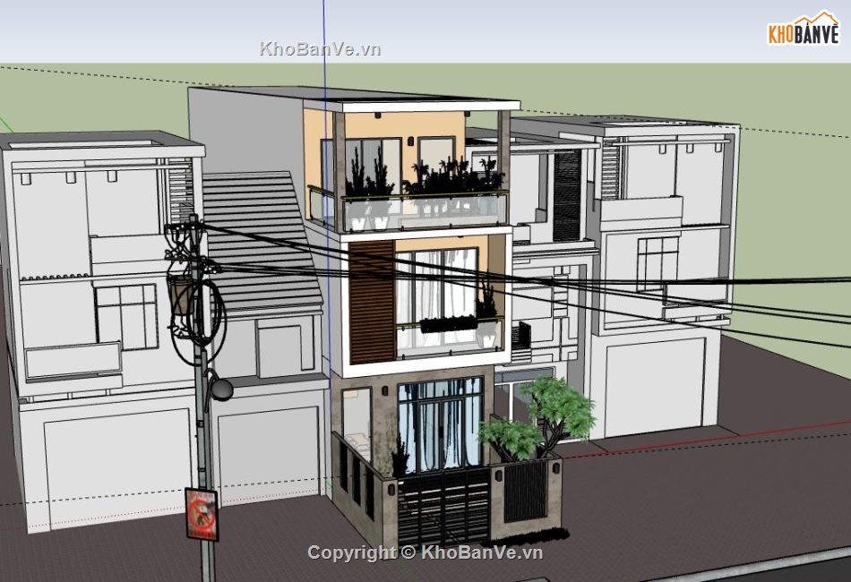 Nhà phố 3 tầng,model su nhà phố 3 tầng,sketchup nhà phố 3 tầng