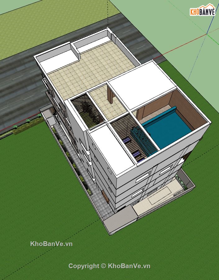 biệt thự 4 tầng,Sketchup biệt thự,biệt thự mái bằng,phối cảnh biệt thự