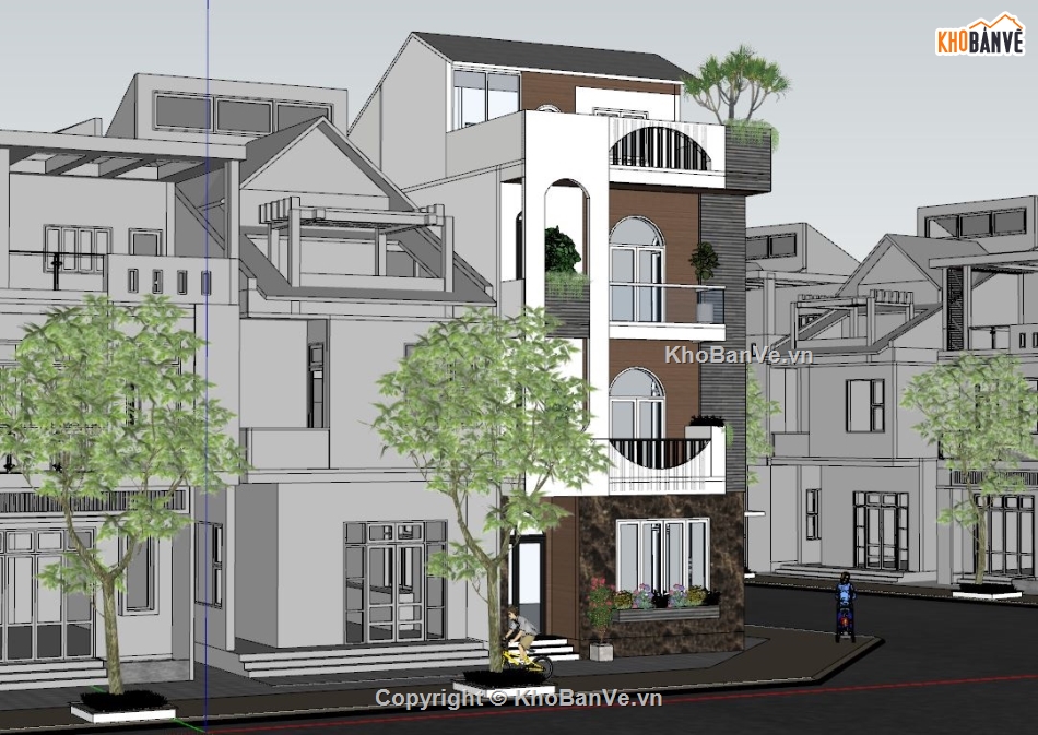Sketchup nhà phố 3 tầng 1 tum,nhà phố 2 mặt tiền file su,dựng bao cảnh nhà phố 3 tầng