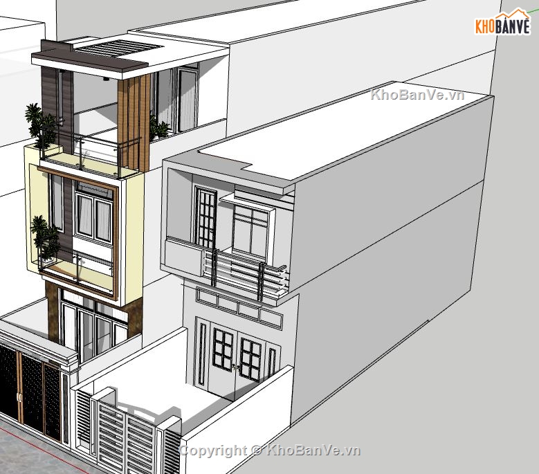nhà phố 3 tầng,file sketchup nhà phố 3 tầng,phối cảnh nhà phố 3 tầng