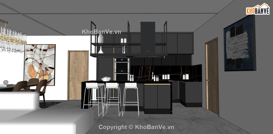 nội thất chung cư,Sketchup nội thất chung cư bếp,thiết kế khách bếp chung cư