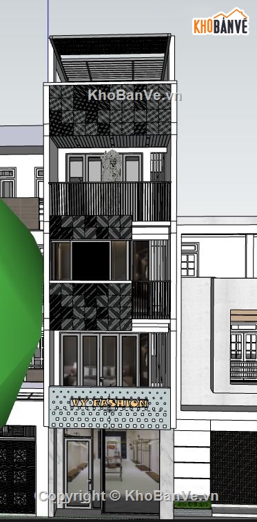 sketchup nhà phố 4 tầng,phối cảnh cửa hàng sketchup,su nhà phố,su cửa hàng,nhà phố 4 tầng 1 tum
