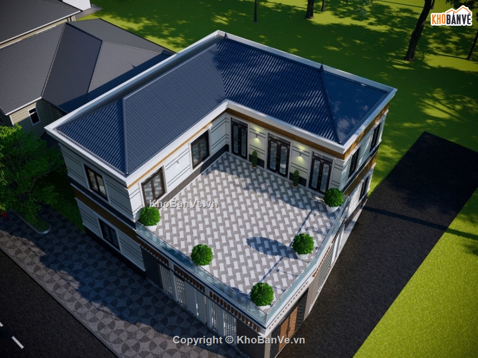 Sketchup,nhà 2 tầng chữ L,Bản vẽ,nhà hiện đại,kết cấu,kiến trúc
