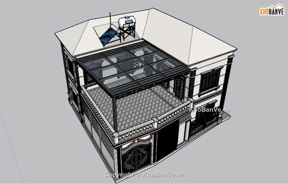 Sketchup,nhà 2 tầng chữ L,Bản vẽ,nhà hiện đại,kết cấu,kiến trúc