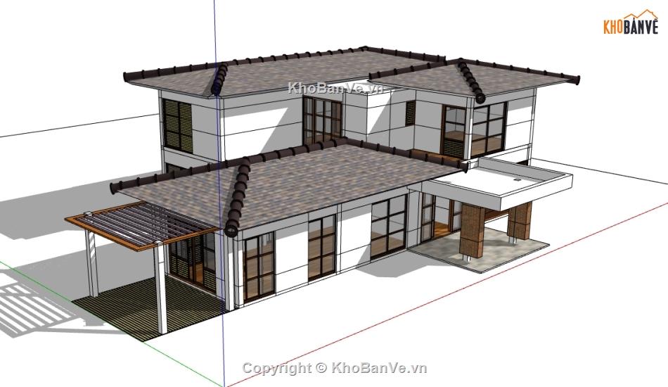 biệt thự mái ngói dựng sketchup,model su biệt thự 2 tầng,mẫu biệt thự 2 tầng file su