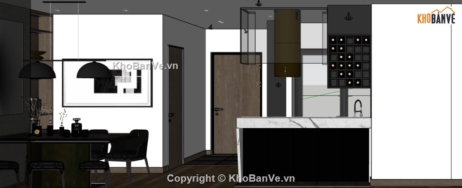 mẫu thiết kế nội thất khách bếp,dựng nội thất phòng khách bếp trên Su,sketchup nội thất phòng khách bếp