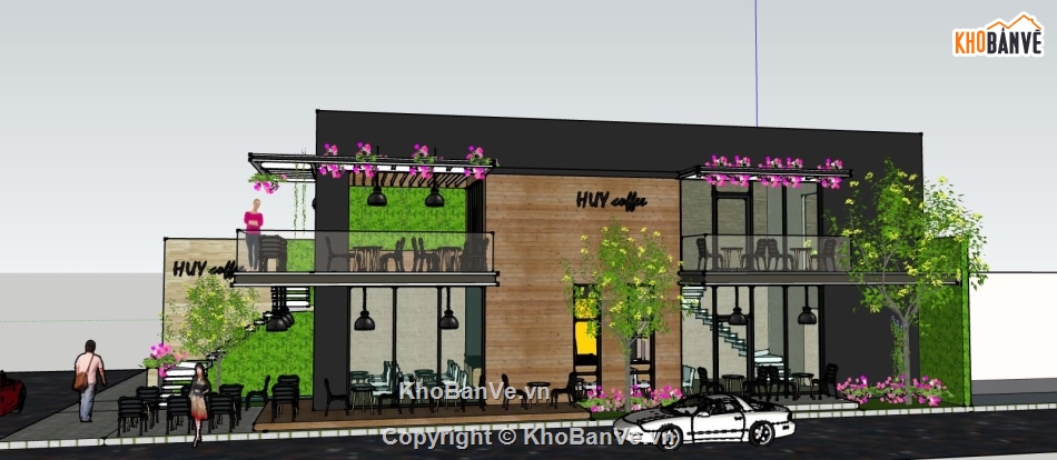 quán cafe 2 tầng dựng 3d su,file su quán cafe,file sketchup quán cafe,model su dựng quán cafe