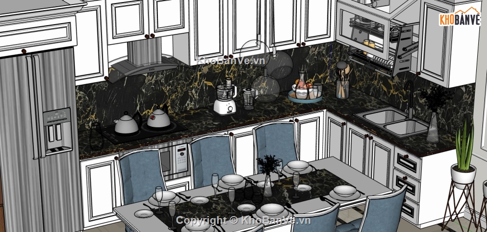 nội thất khách bếp sketchup,phòng khách bếp model su,phòng khách sang trọng,thiết kế nội thất phòng bếp