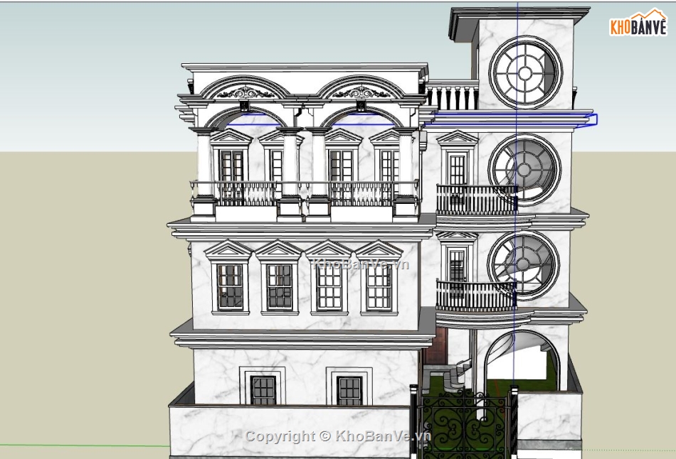 biệt thự 4 tầng file su,biệt thự dựng file sketchup,sketchup biệt thự tân cổ điển,thiết kế biệt thự 4 tầng