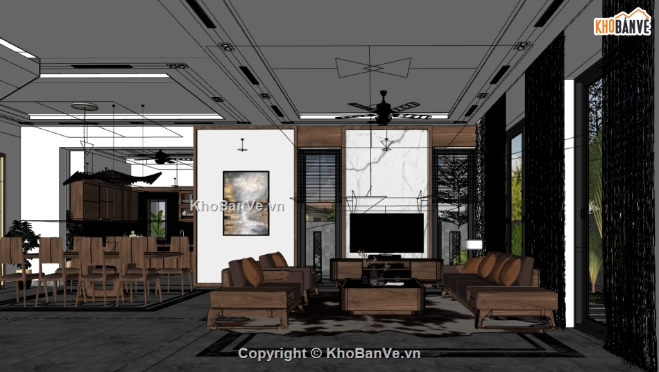 Nội thất phòng khách bếp,sketchup phòng khách hiện đại,phòng bếp dựng trên sketchup,file su dựng nội thất phòng khách bếp