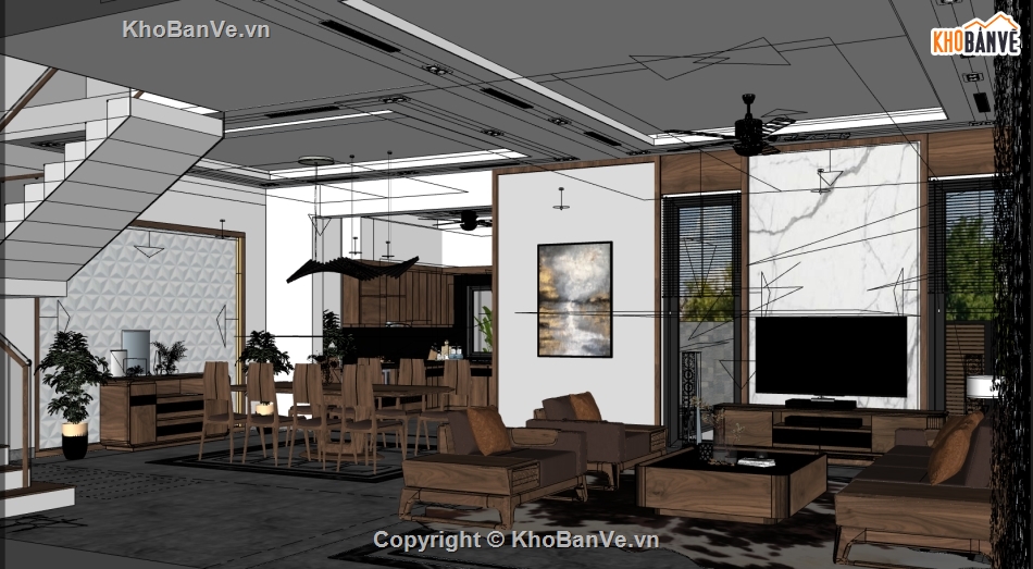 Nội thất phòng khách bếp,sketchup phòng khách hiện đại,phòng bếp dựng trên sketchup,file su dựng nội thất phòng khách bếp