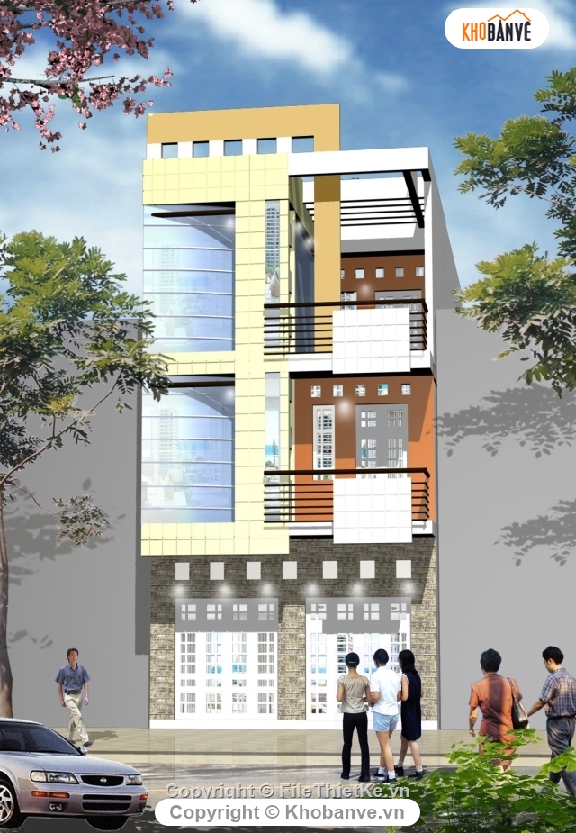 Bản vẽ nhà phố,Nhà phố 3 tầng,nhà 3 tầng có phối cảnh,nhà kích thước 7.4x17.8m,bản vẽ nhà phố