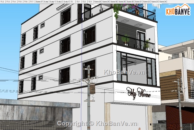 File cad nhà ở 4 tầng,sketchup nhà phố 4 tầng,cad nhà 4 tầng,bản vẽ nhà phố 4 tầng,nhà phố 4 tầng 6.2x20.2m