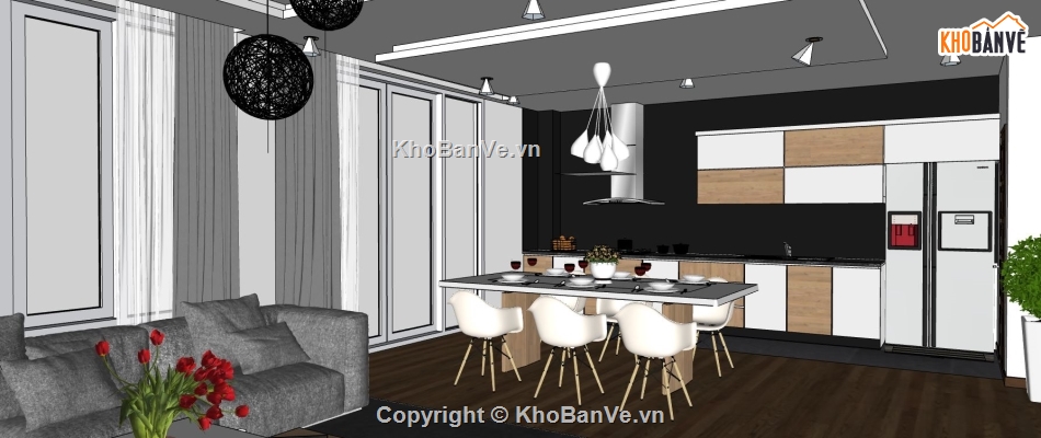 model khách bếp,3d phòng khách bếp,sketchup nội thất phòng khách bếp