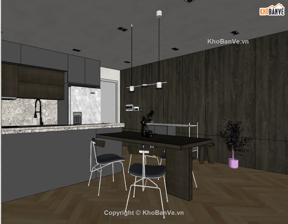 sketchup nội thất bếp,file sketchup nội thất khách bếp,model su nội thất khách bếp