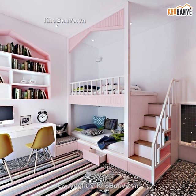 3DMAX Phòng ngủ,giường ngủ 2 tầng,Nội thất phòng ngủ con gái,thiết kế nội thất phòng ngủ,phòng ngủ màu hồng 3dmax