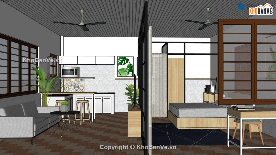 sketchup nội thất,sketchup nội thất phòng trọ,su nội thất