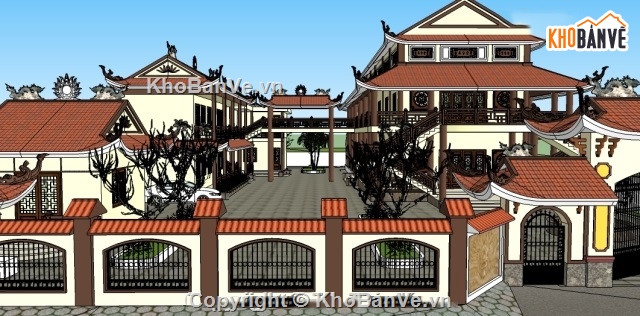 sketchup phong cảnh chùa,sketchup ngoại thất chùa,kiến trúc chùa sketchup