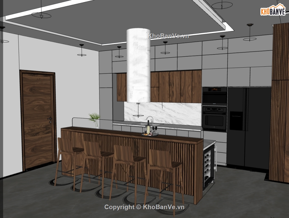 thiết kế phòng khách bếp file sketchup,sketchup phòng khách bếp,nội thất khách bếp dựng model su