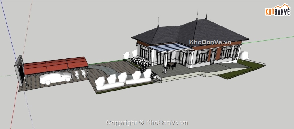 Thiết kế biệt thự 1 tầng,biệt thự 1 tầng,sketchup biệt thự 1 tầng