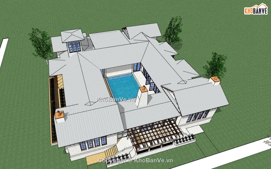 Villa hồ bơi file sketchup,Villa có hồ bơi,model su villa 1 tầng,villa 1 tầng file su