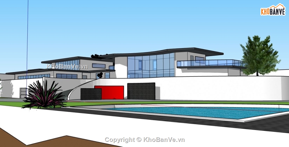 Villa có hồ bơi,nhà 3 tầng file su,Villa hồ bơi file sketchup