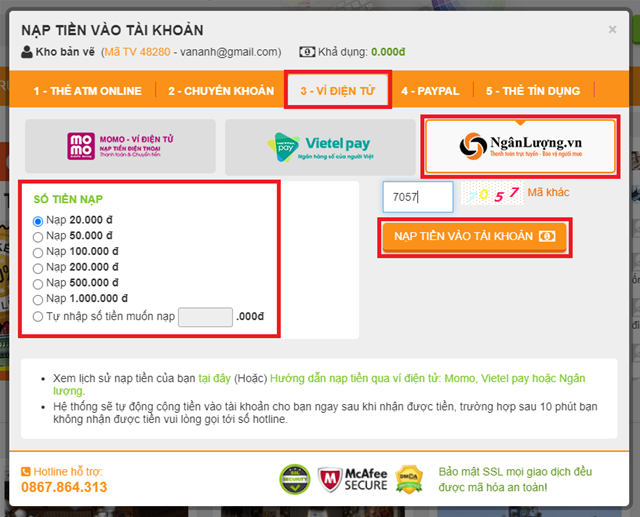 Hướng dẫn nạp tiền trên khobanve.vn nạp tiền, hướng dẫn nạp tiền, chuyển khoản, bắn tiền, chuyển tiền, nạp tiền khobanve.vn